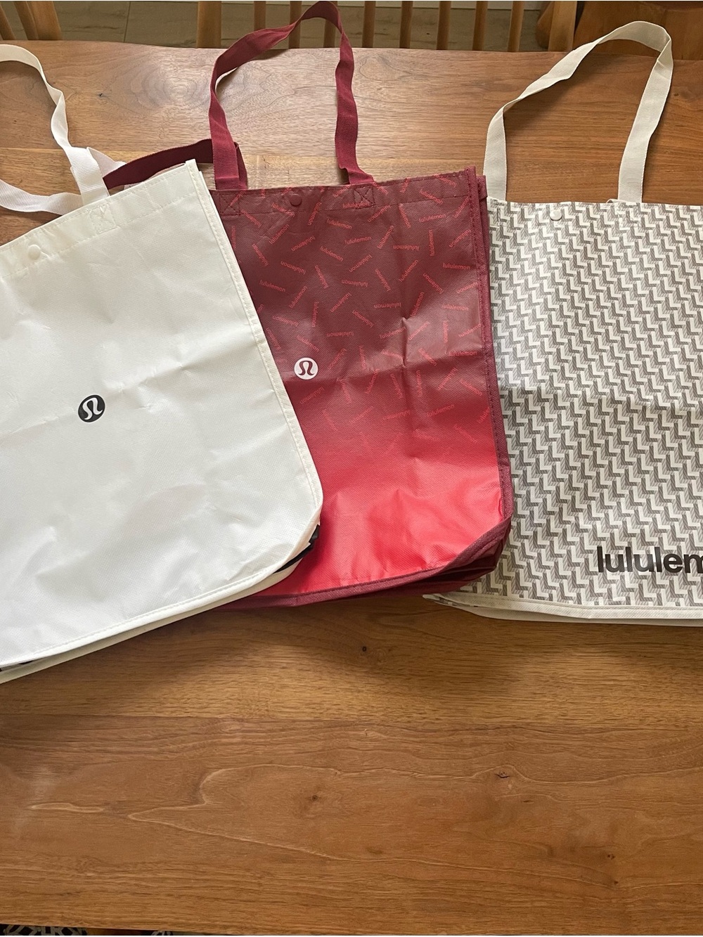 lululemon athletica Reusable Tote Trio — Red Ombre, White, and Cream Pattern